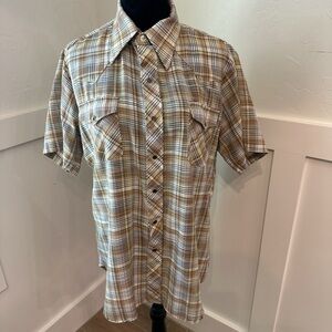 Vintage large Sears‎ Men's Tan Plaid Short Sleeve Shirt
